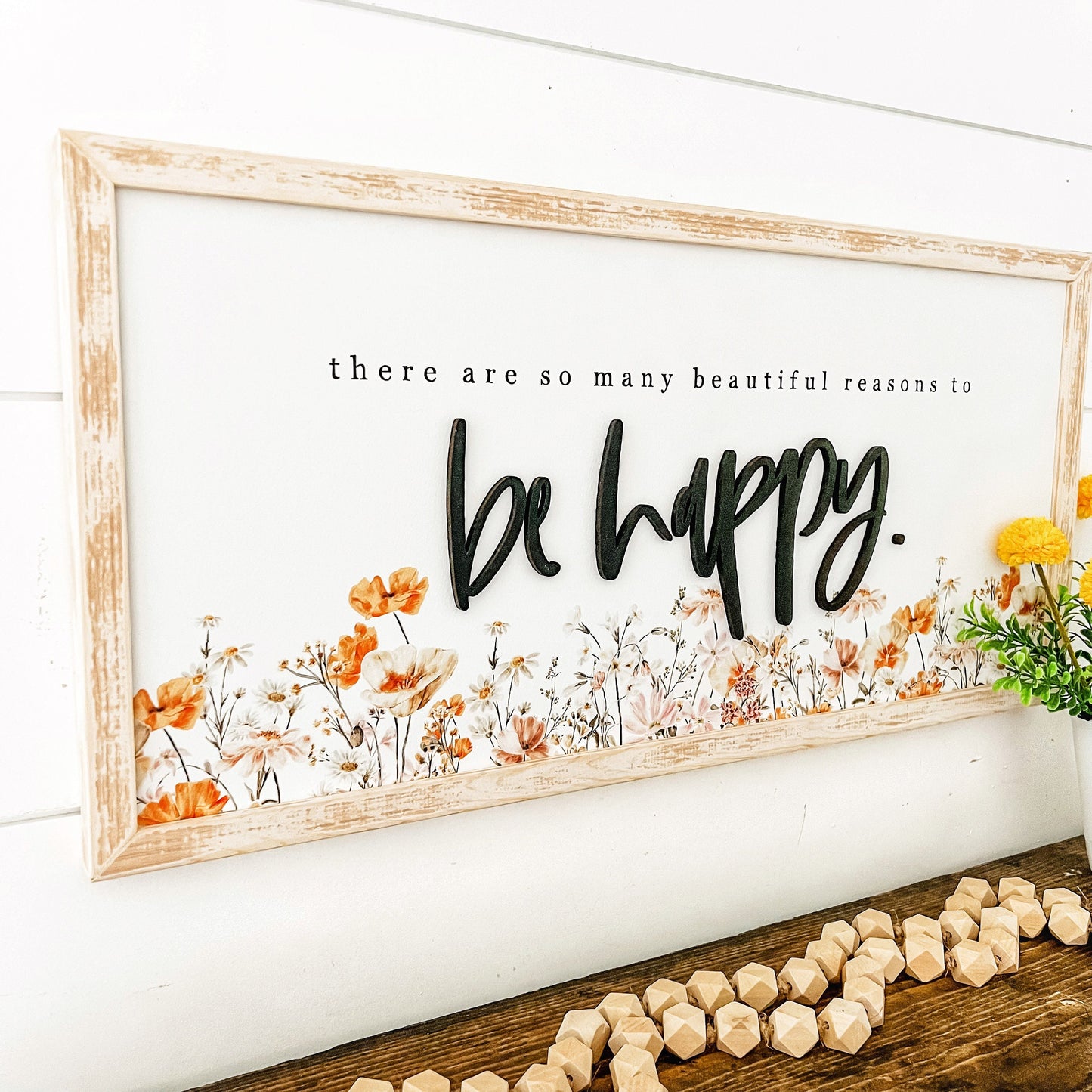 Be Happy Floral Wood Sign