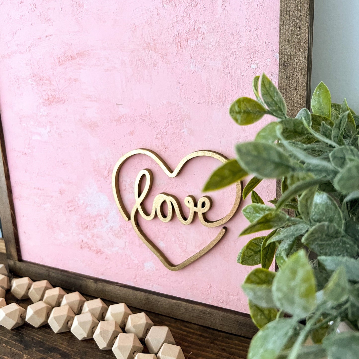 Pink Love Heart Textured Wood Sign