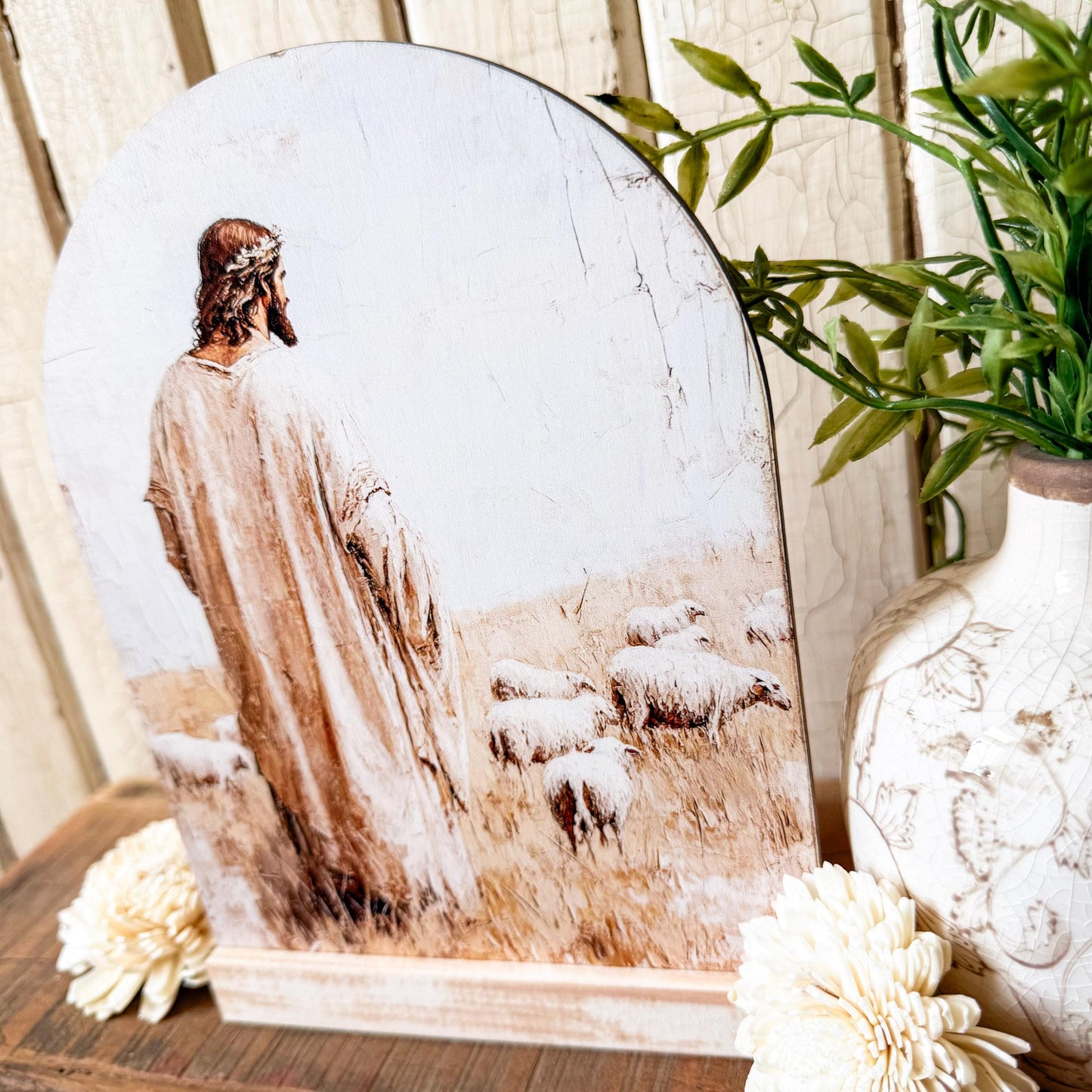 Jesus with Sheep Arched Wood Sign Shelf Sitter