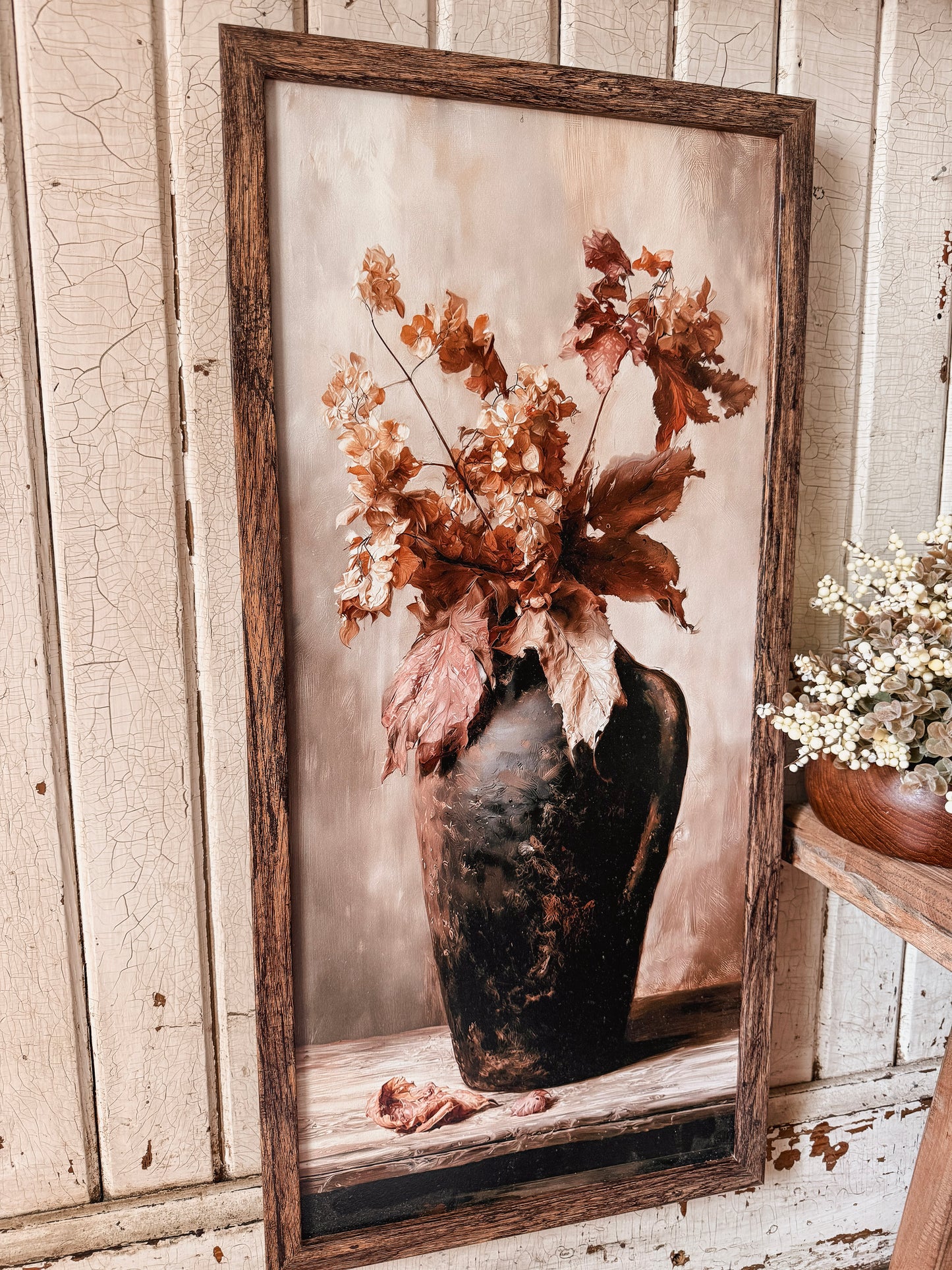 Dried Hydrangea in Black Vase Art Print Wood Sign