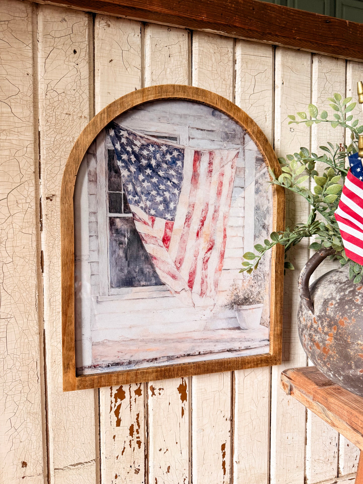 American Flag on Farmhouse Porch Framed Arched Print