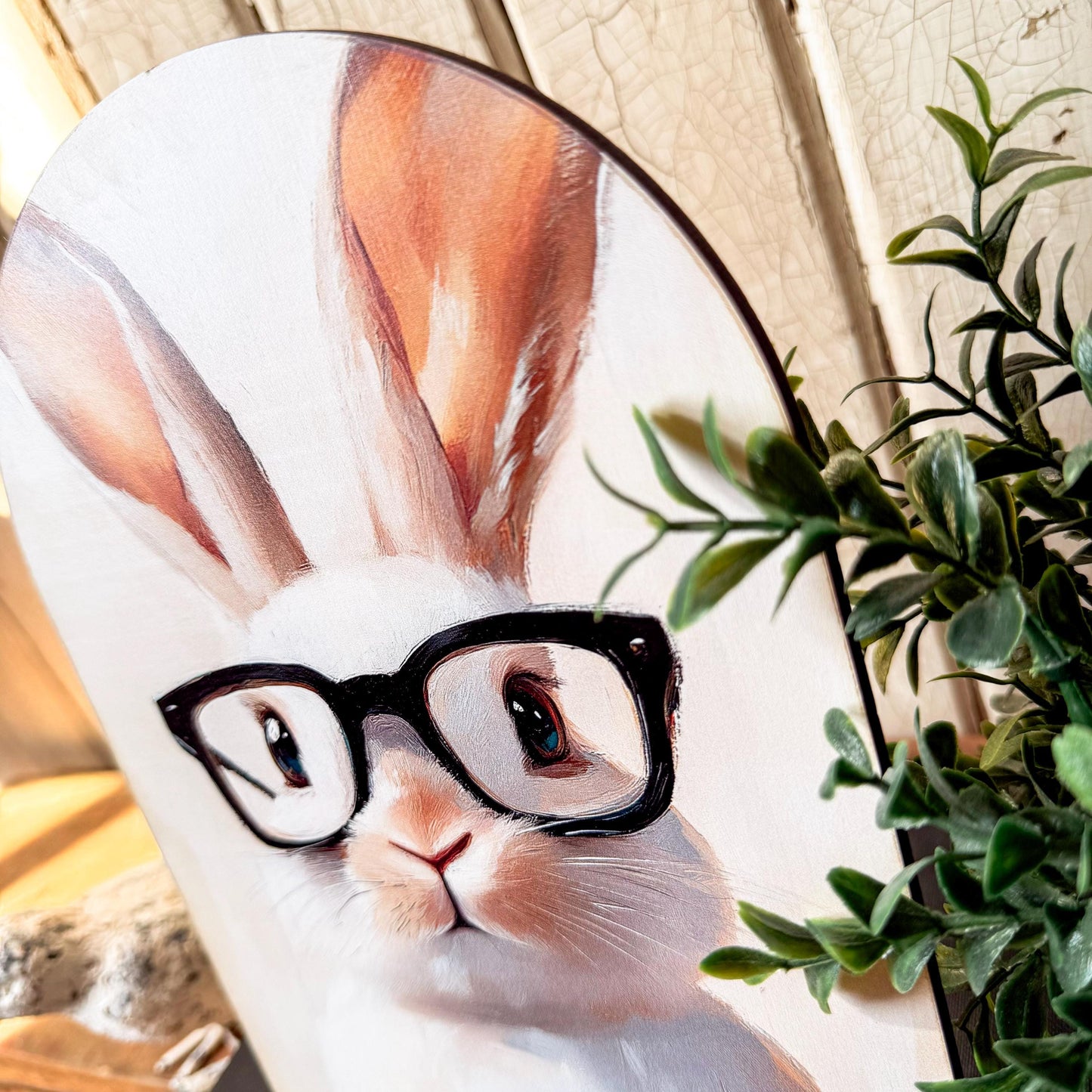 Bunny with Glasses Arched Wood Sign Shelf Sitter