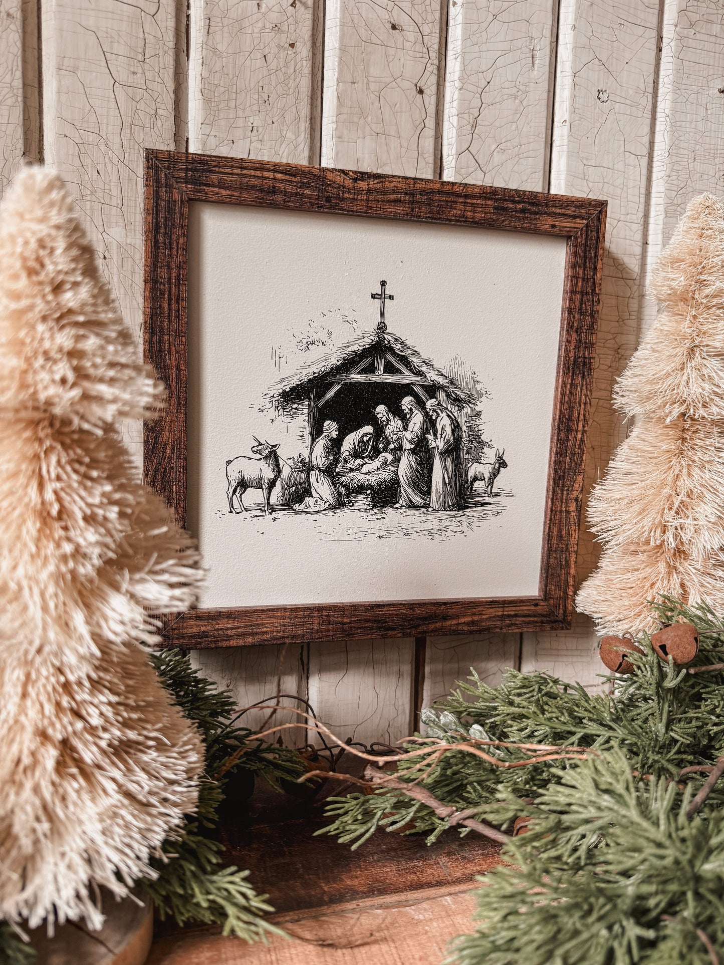 Vintage Black/White Nativity Scene Sign