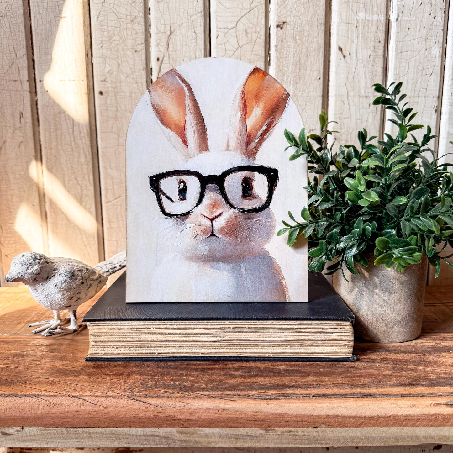 Bunny with Glasses Arched Wood Sign Shelf Sitter