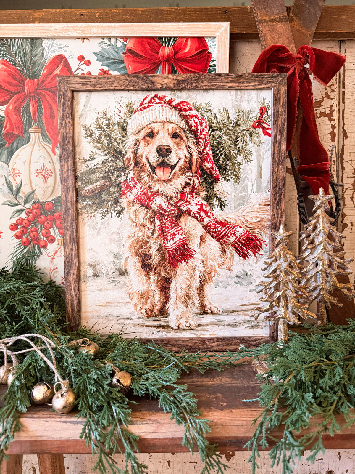 Colorful Golden Retriever Christmas Wood Sign