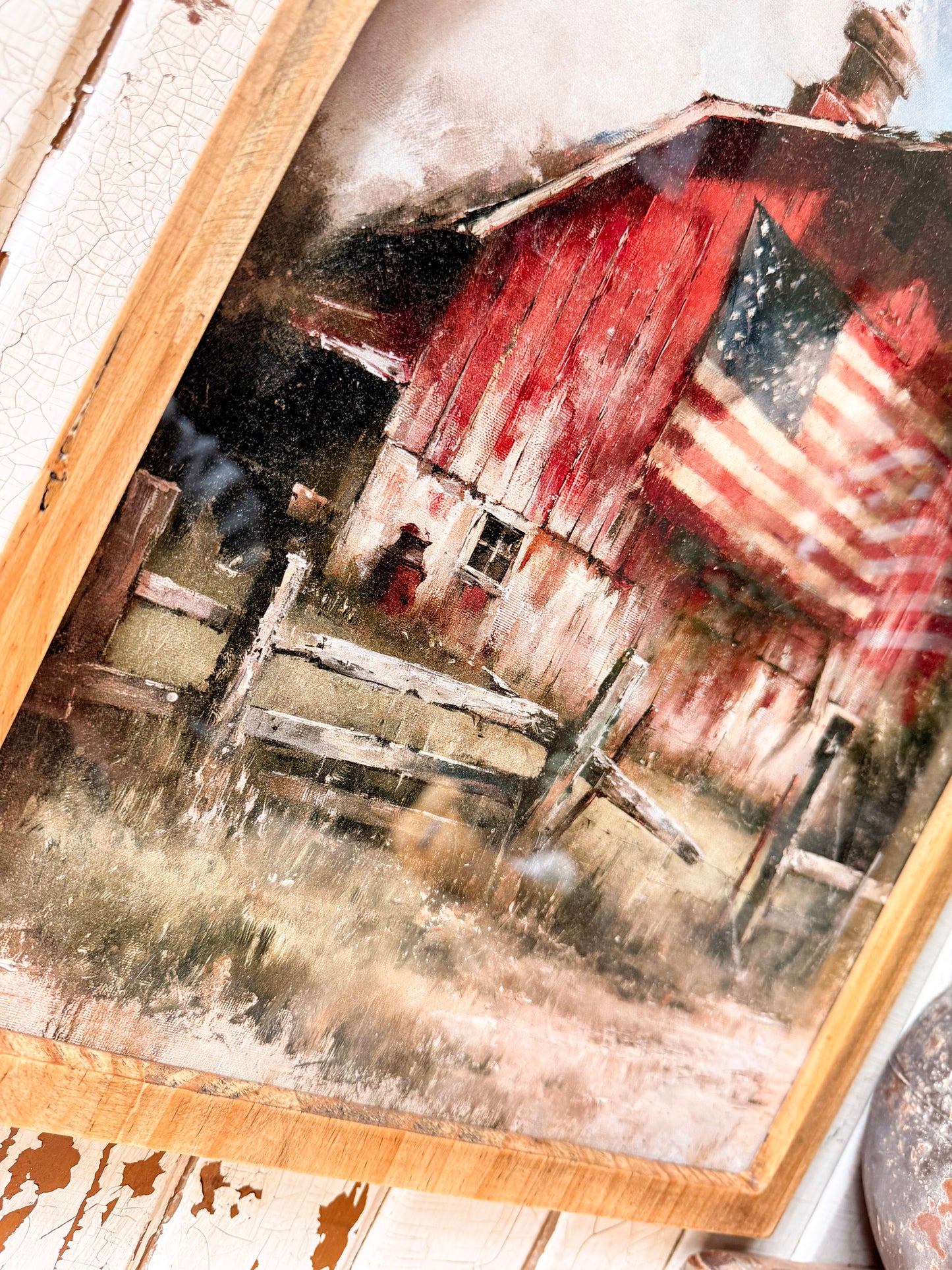 Red Barn with Flag Framed Arched Print