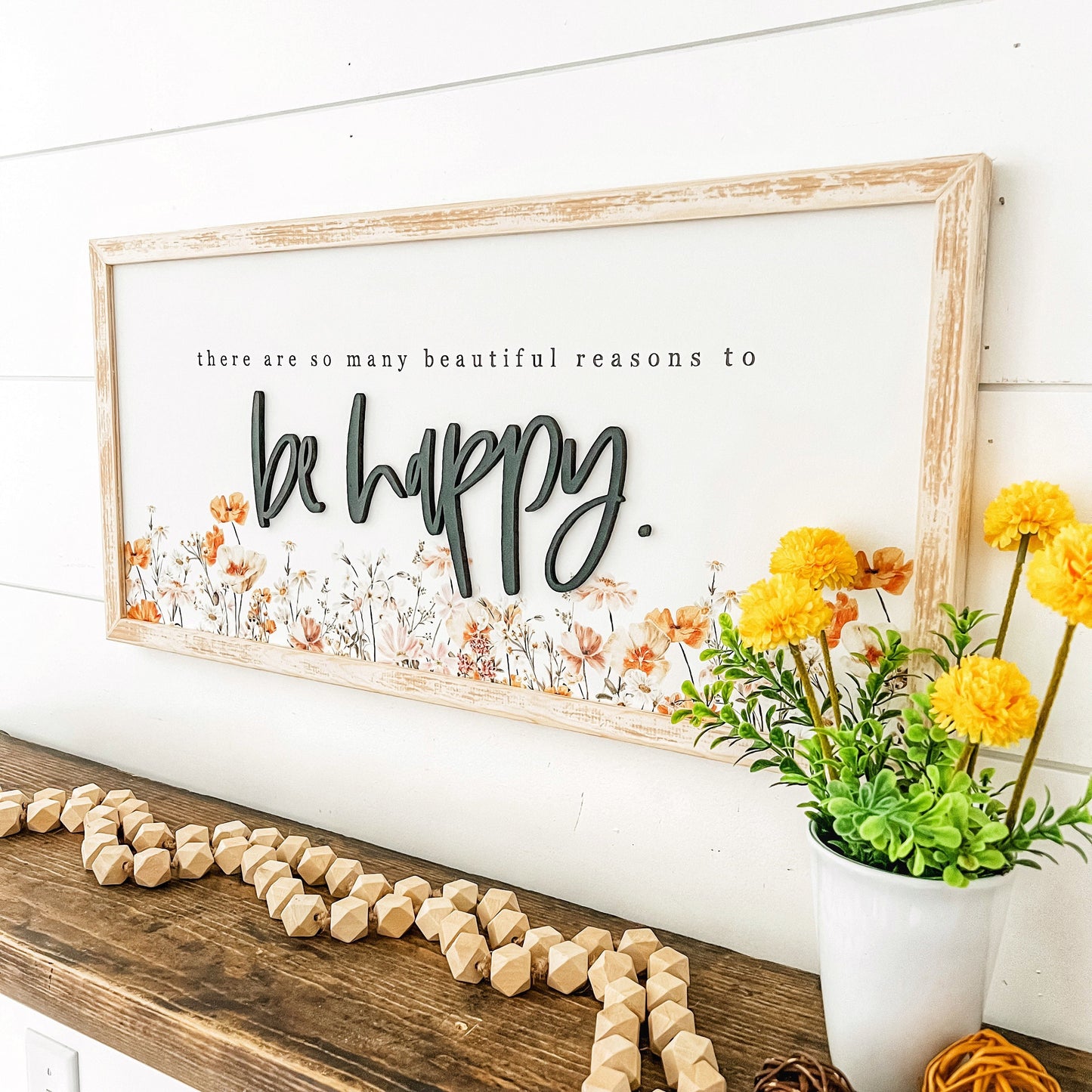 Be Happy Floral Wood Sign
