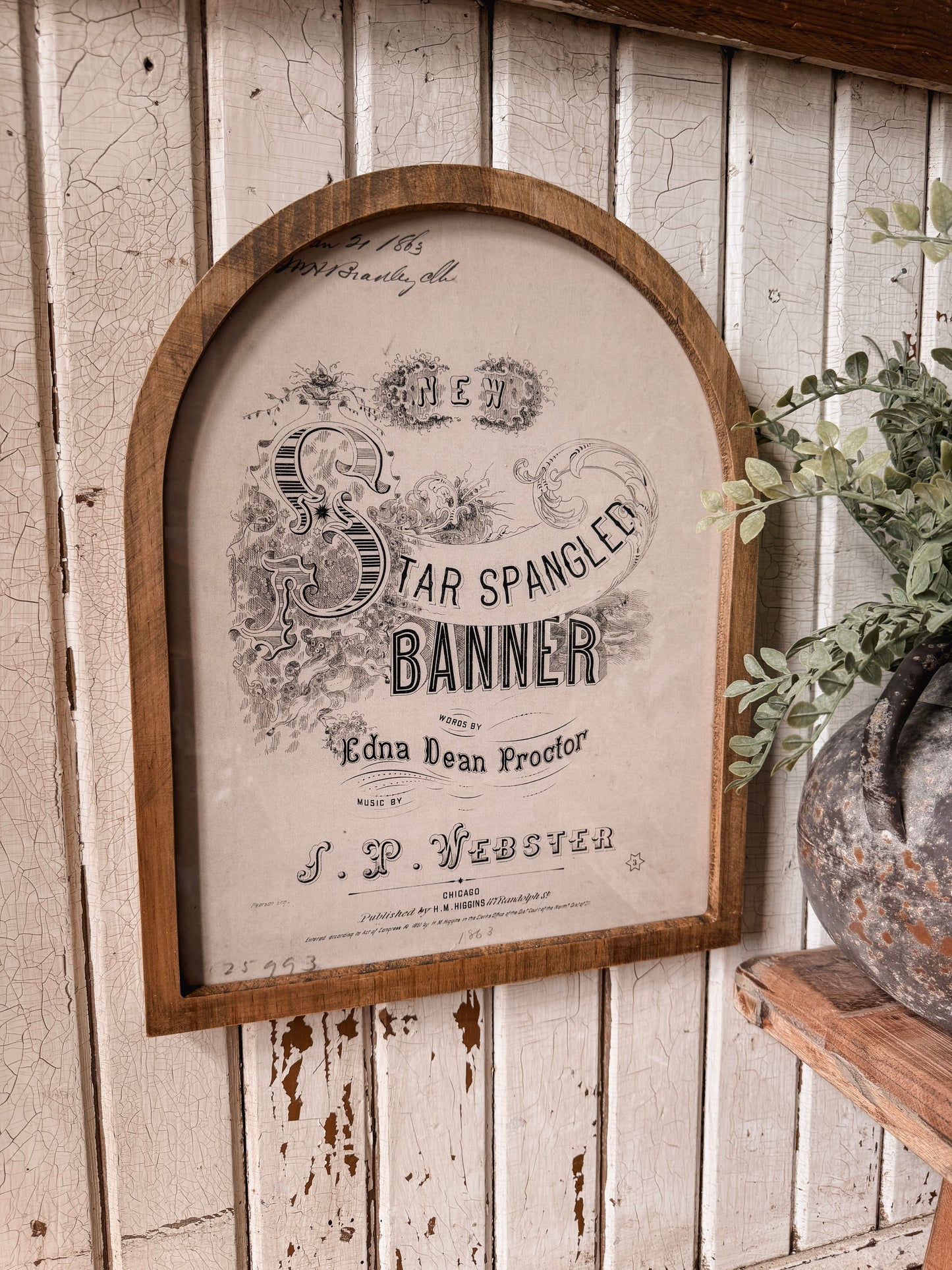 Star Spangled Banner Vintage Black & White Framed Arched Print