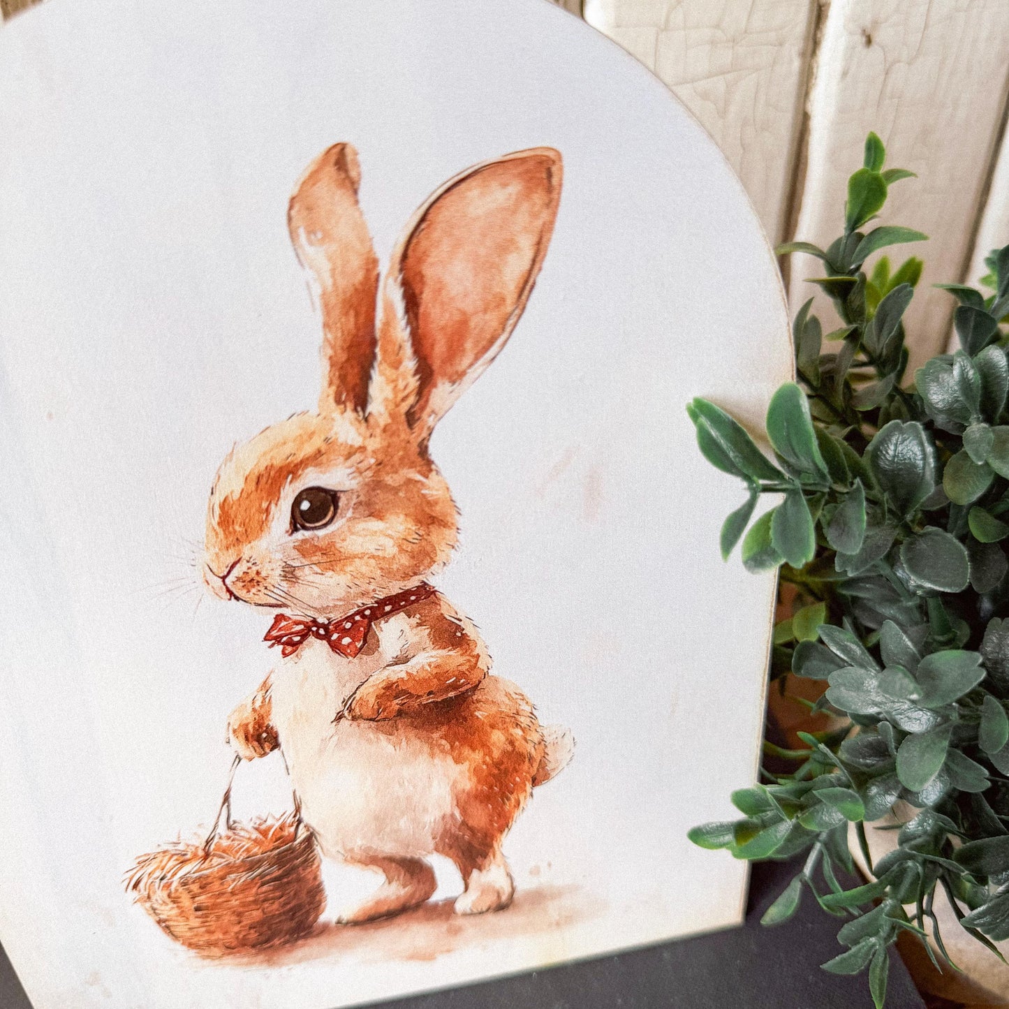 Bunny with Basket Arched Wood Sign Shelf Sitter