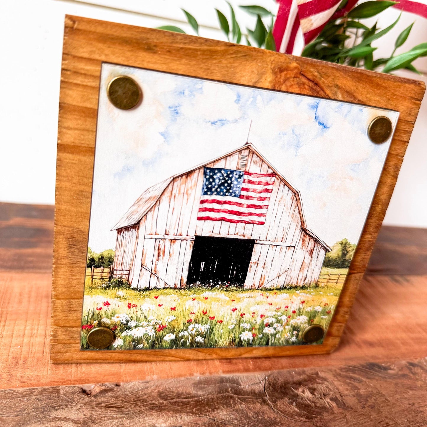 White Barn American Flag Mini Wood Block