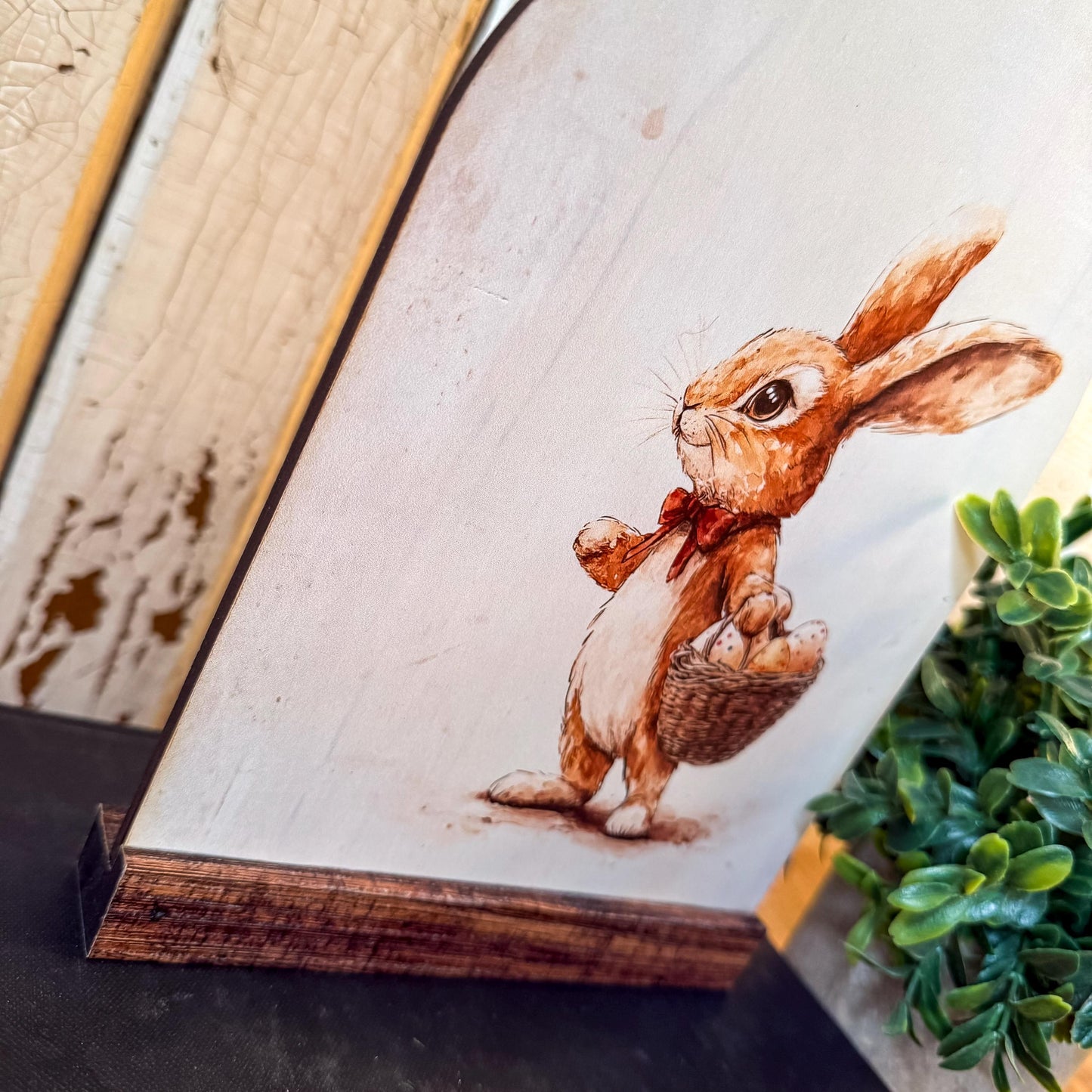 Bunny With Egg Basket Arched Wood Sign Shelf Sitter