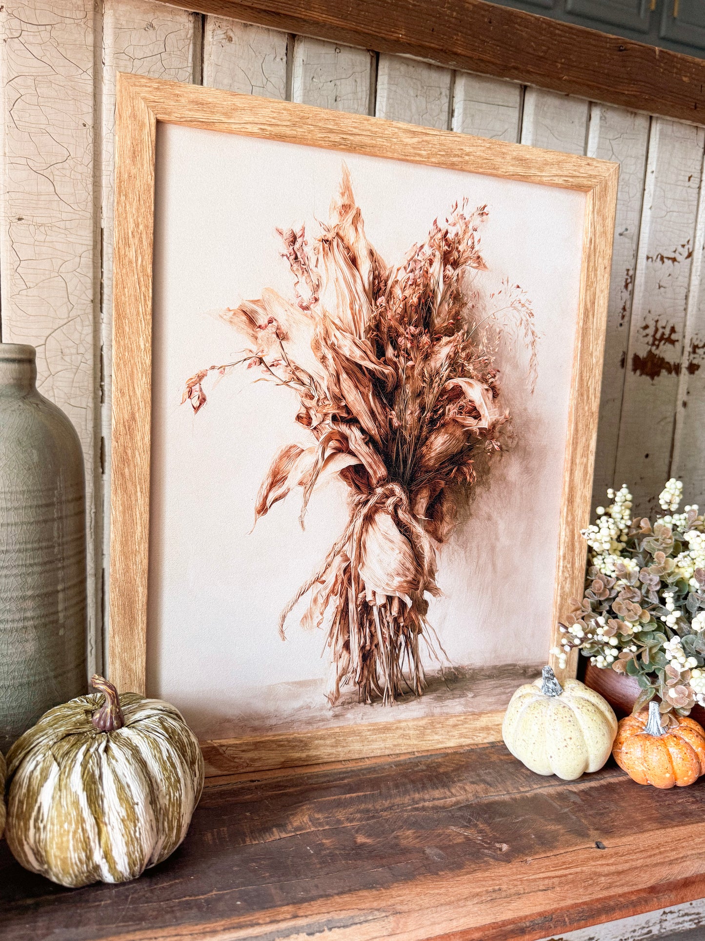Dried Corn Husk Bundle Art Print Wood Sign