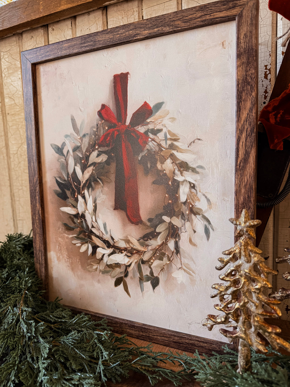 Christmas Wreath with Red Bow Wood Sign