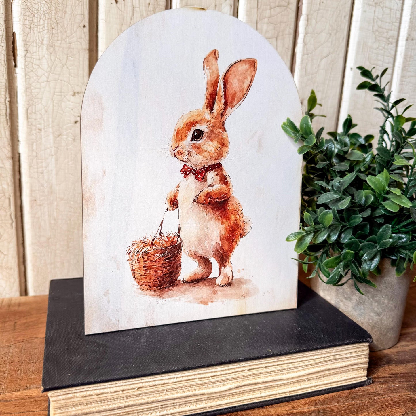Bunny with Basket Arched Wood Sign Shelf Sitter