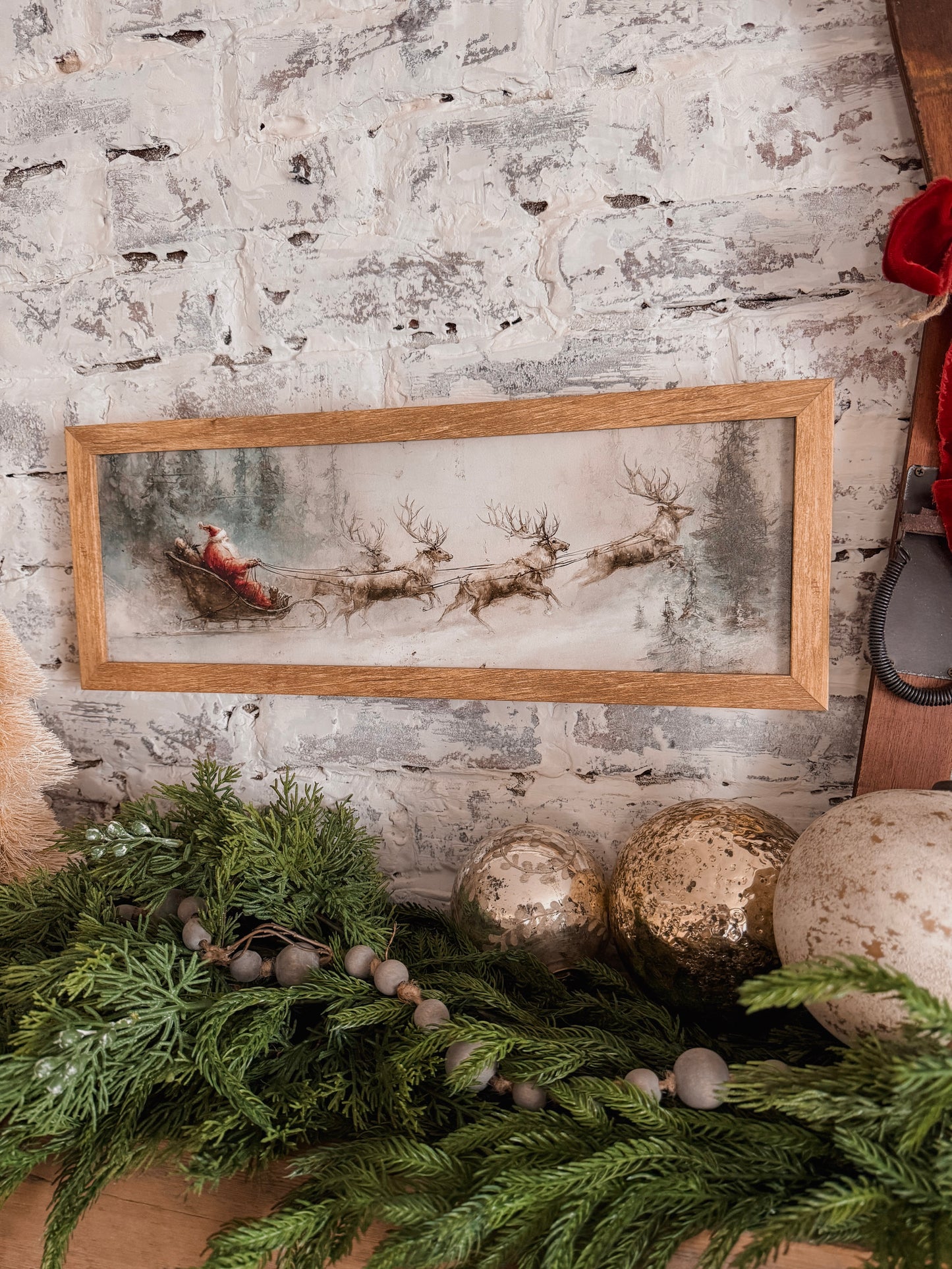 Vintage Santa in Sleigh & Reindeer Wood Sign