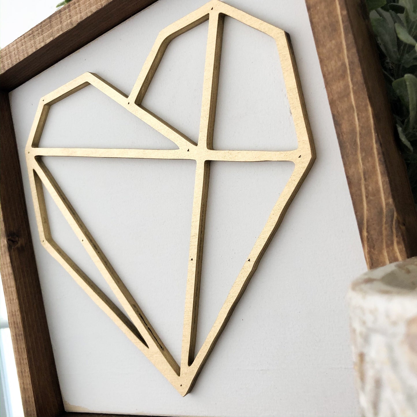 Geometric Gold Heart Wood Sign