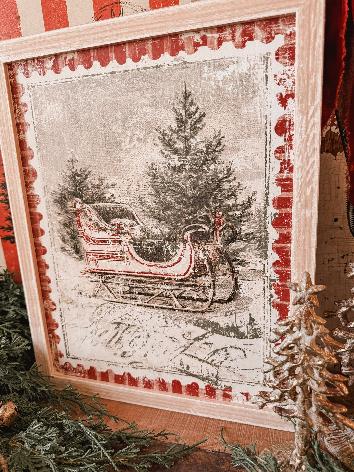 Vintage Christmas Sleigh Stamp Wood Sign
