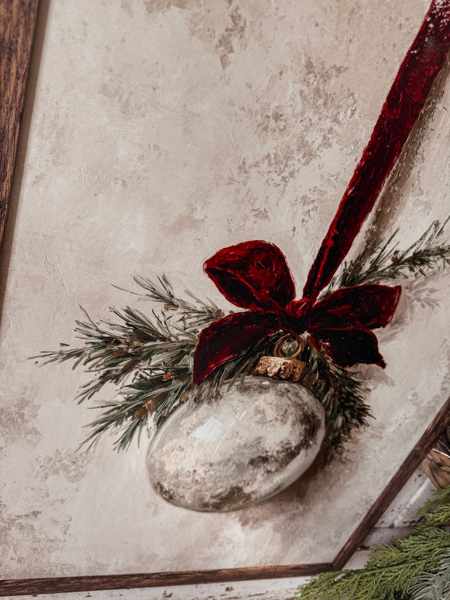 Vintage Ornament w/ Velvet Ribbon Wood Sign