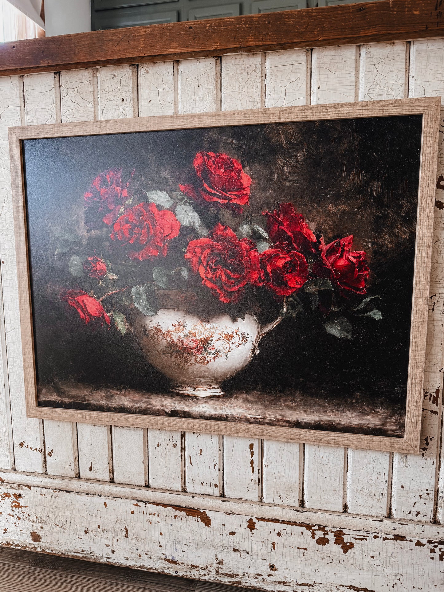 Red Roses in Vintage Vase Wood Sign