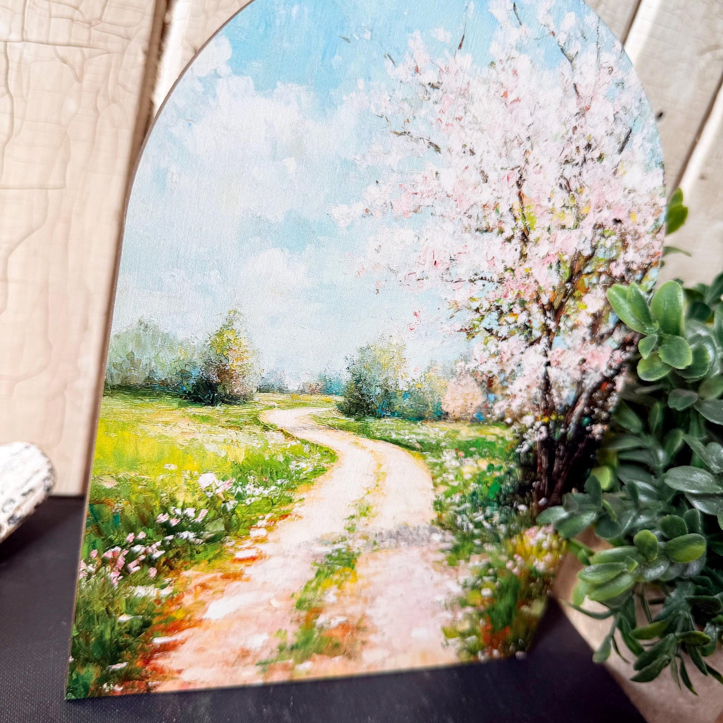 Spring Country Road Arched Wood Sign Shelf Sitter