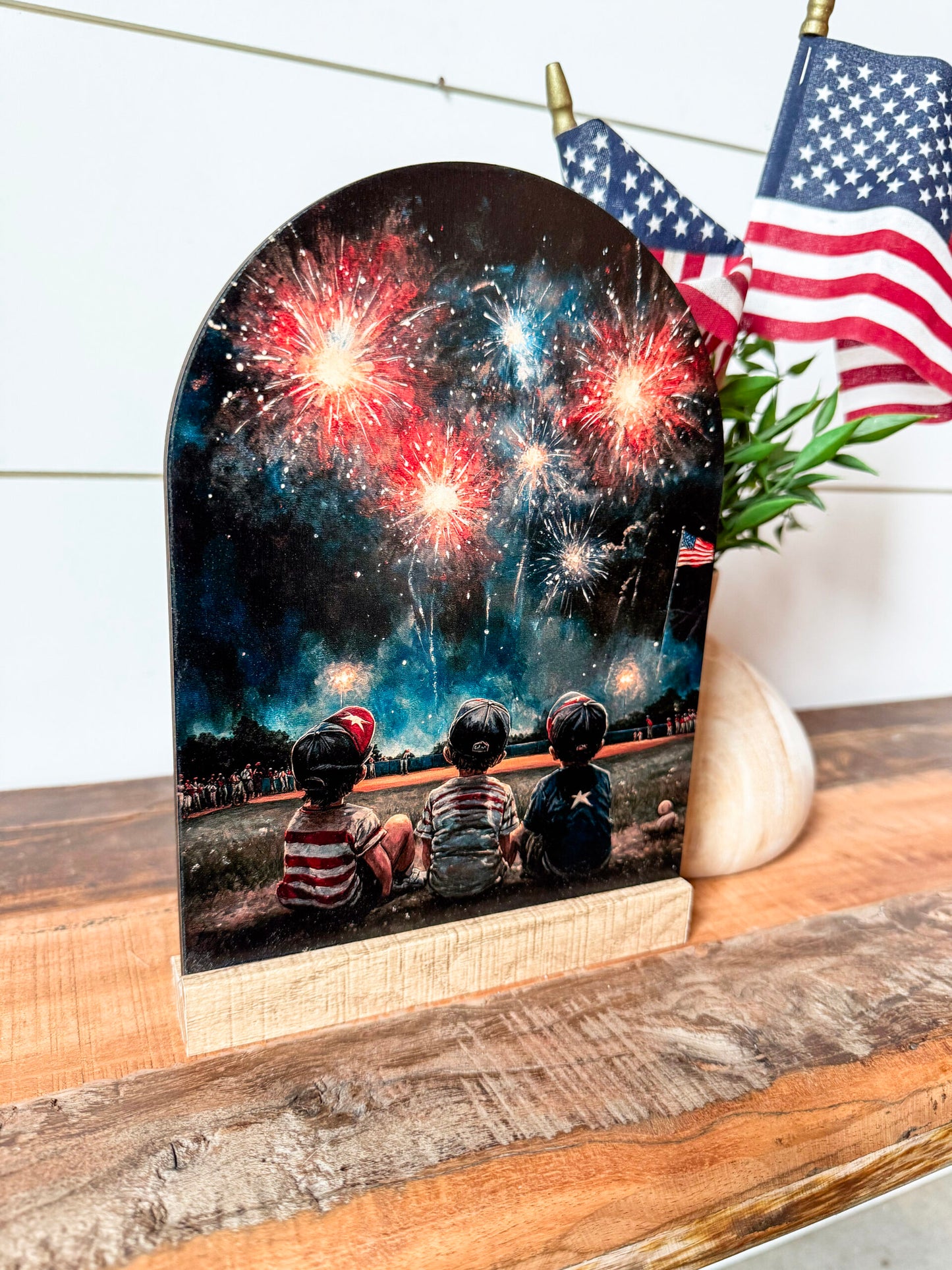 Vintage 4th of July Three Boys and Fireworks Arched Sign