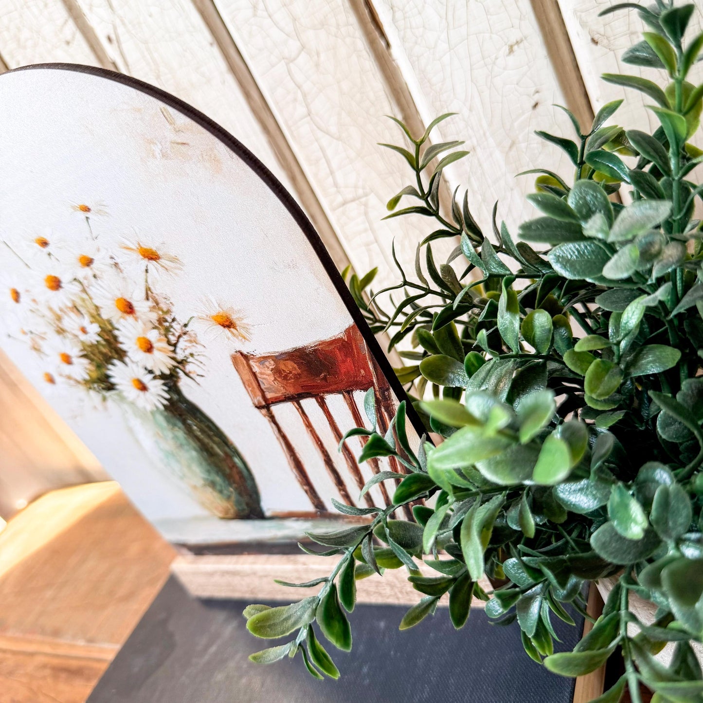 White Daisies in Vase Arched Wood Sign Shelf Sitter