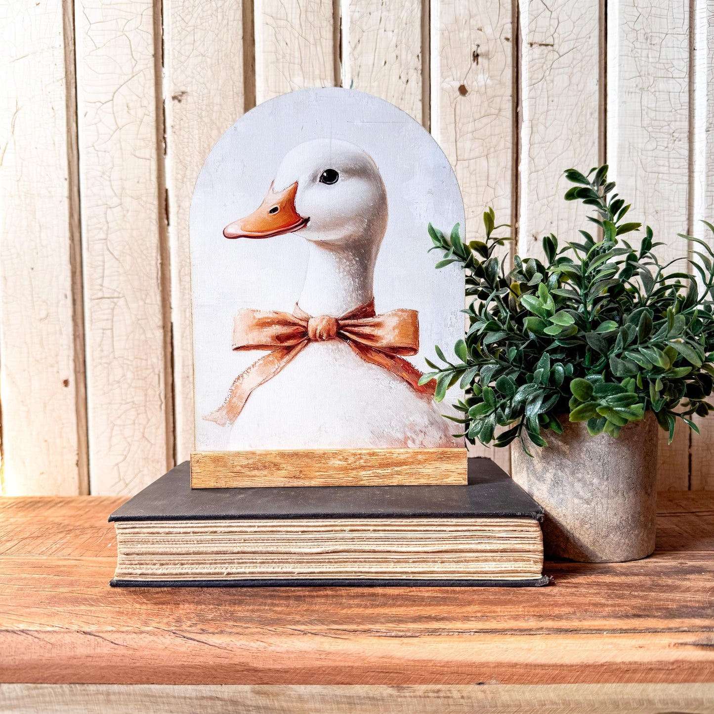 Duck Face with Bow Arched Wood Sign Shelf Sitter