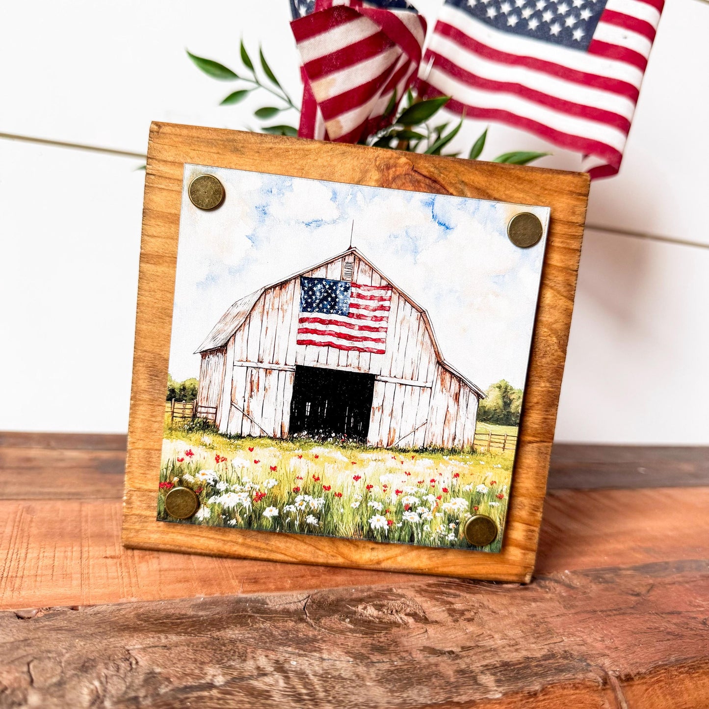 White Barn American Flag Mini Wood Block