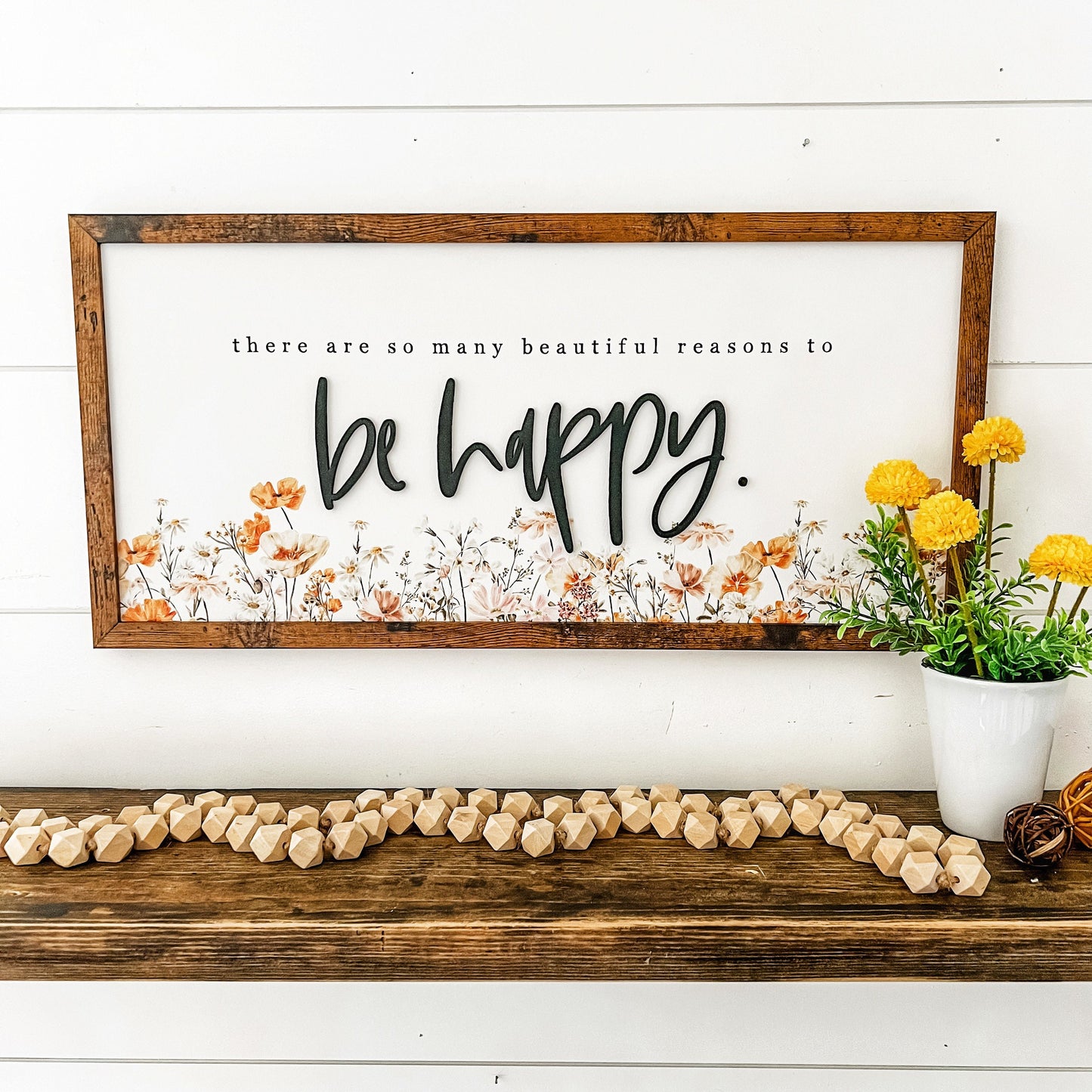 Be Happy Floral Wood Sign