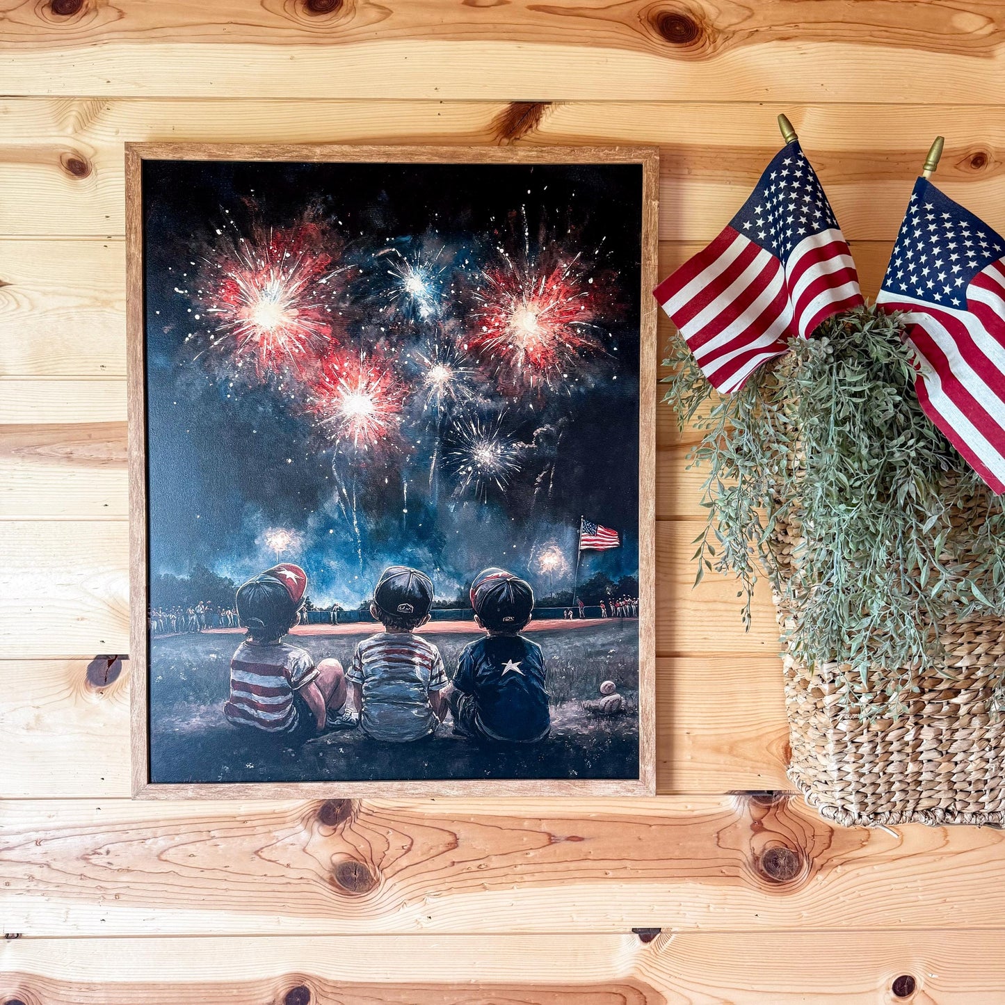 Three Boys & Fireworks Vintage Art Print
