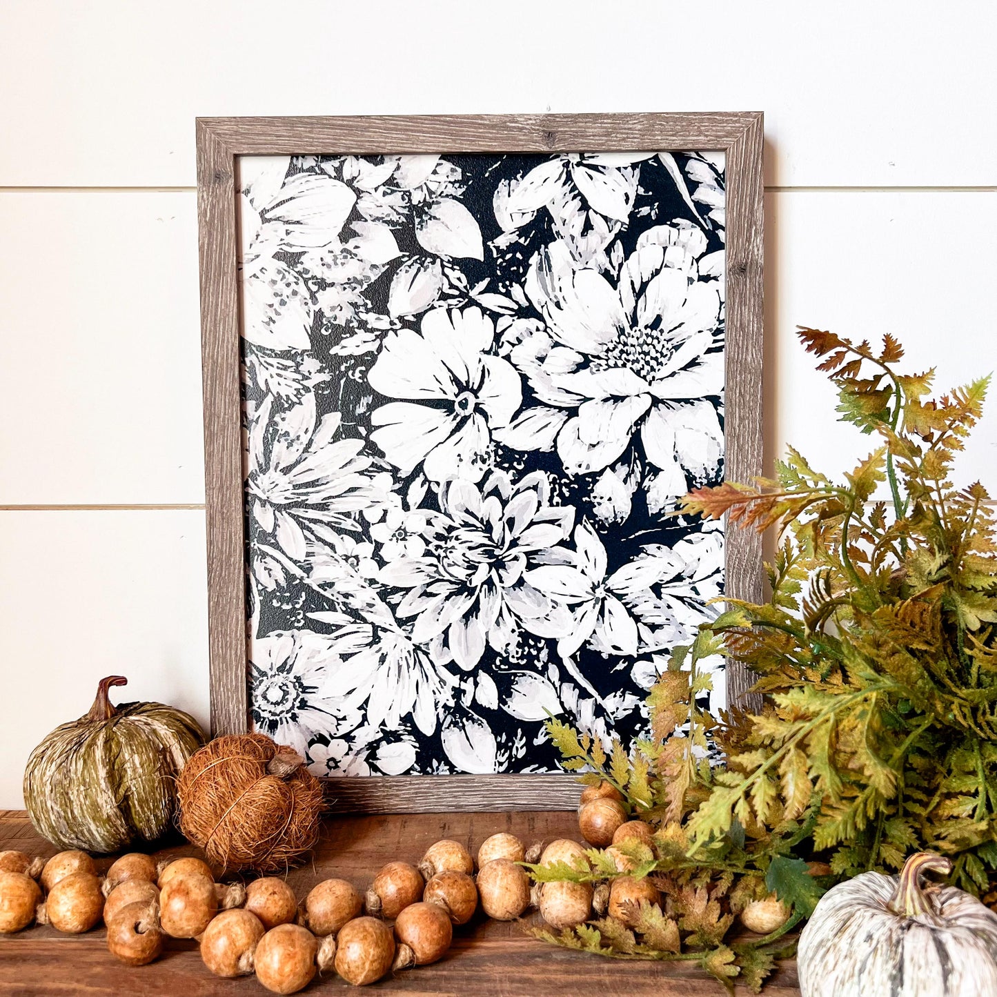 Black and White Floral Wood Sign