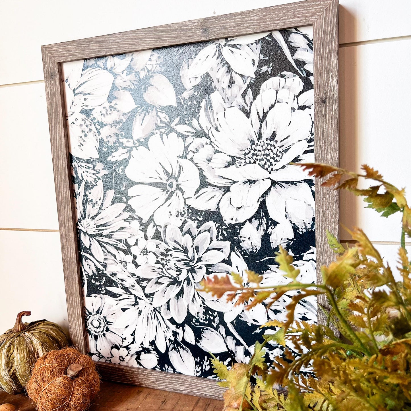 Black and White Floral Wood Sign