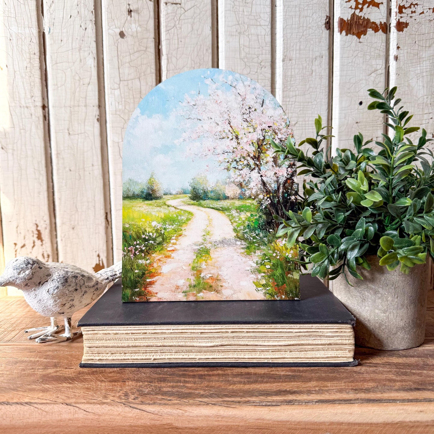 Spring Country Road Arched Wood Sign Shelf Sitter