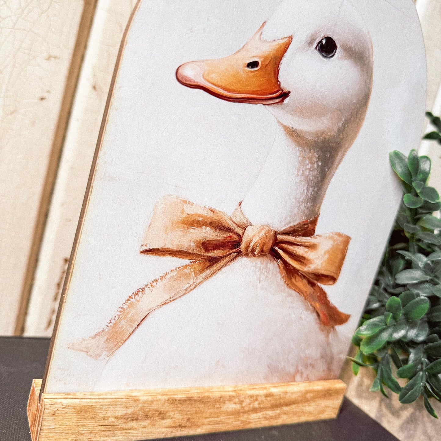 Duck Face with Bow Arched Wood Sign Shelf Sitter