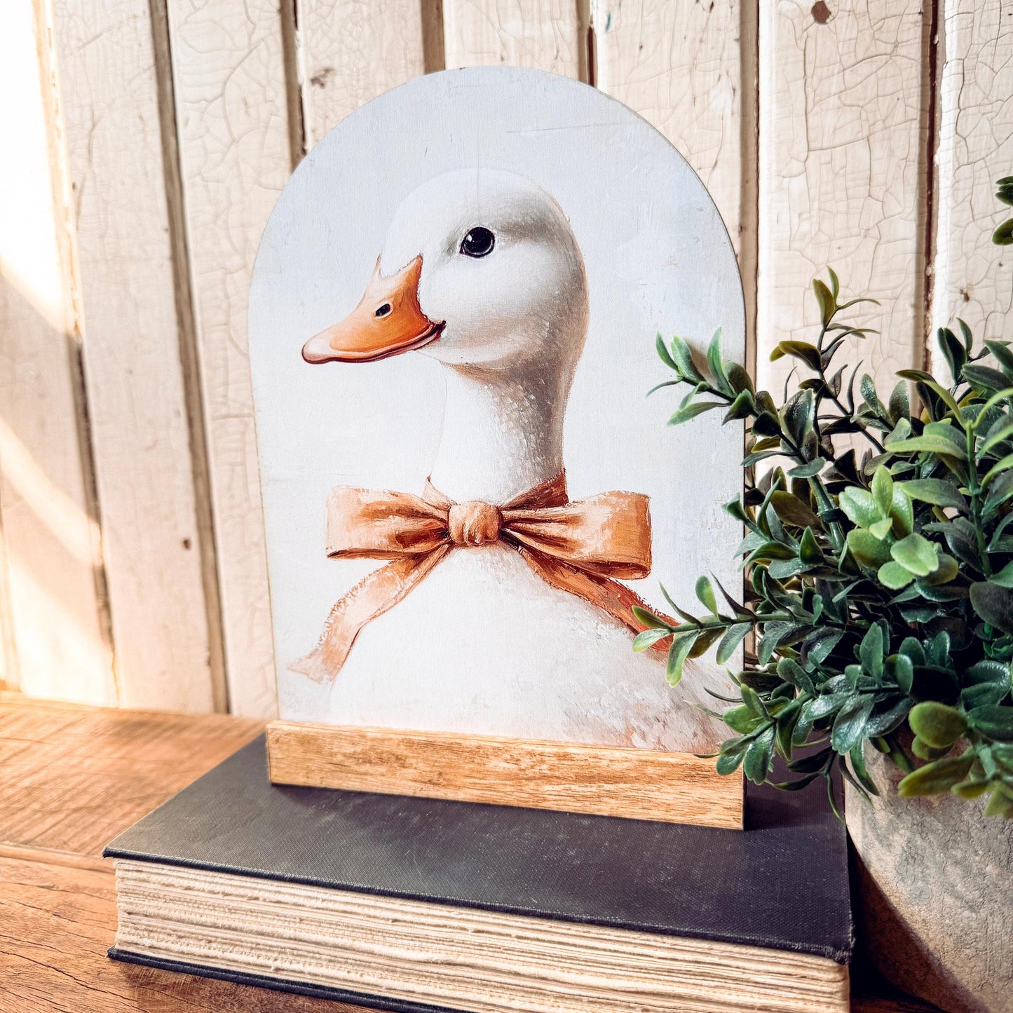 Duck Face with Bow Arched Wood Sign Shelf Sitter