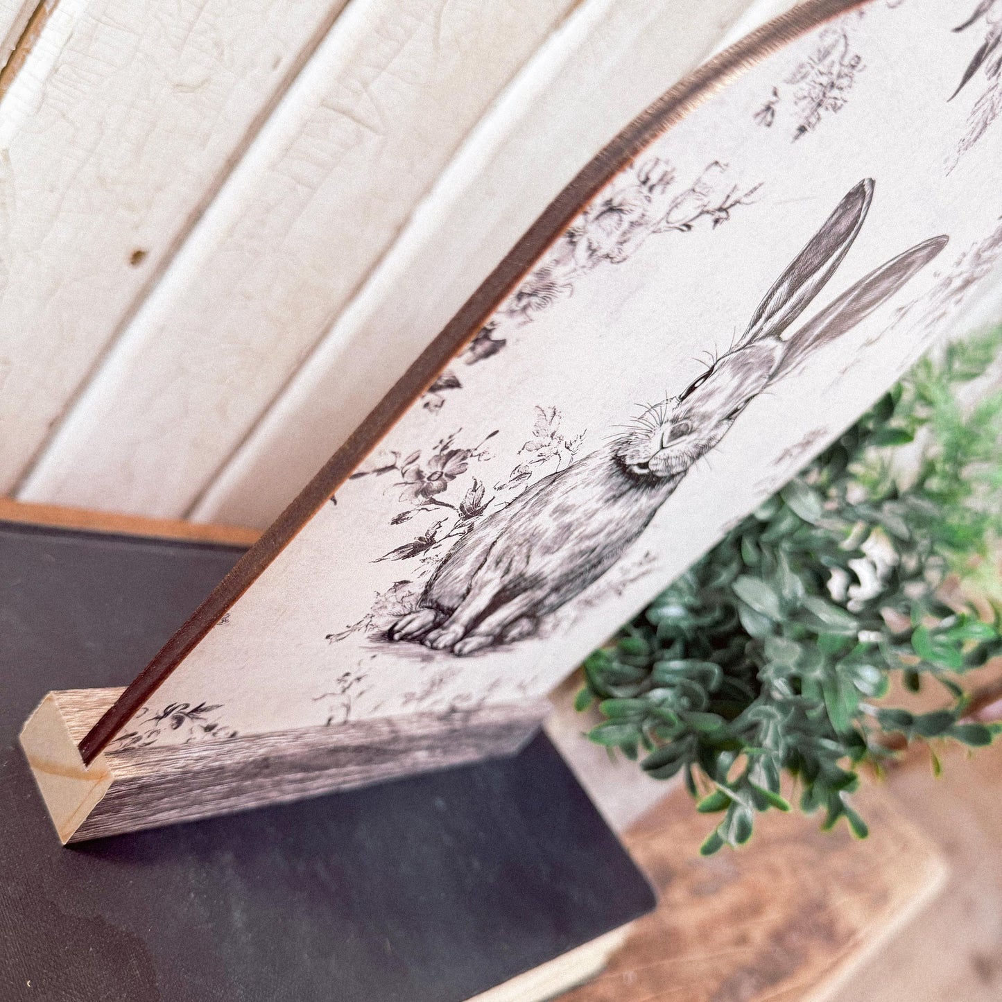 Vintage Neutral Rabbit Arched Wood Sign Shelf Sitter