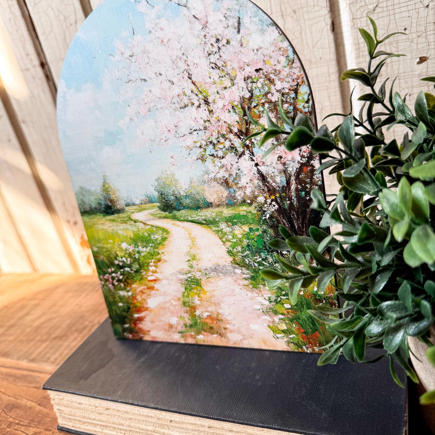 Spring Country Road Arched Wood Sign Shelf Sitter