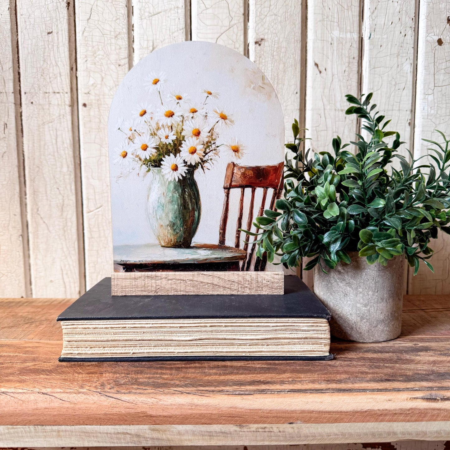 White Daisies in Vase Arched Wood Sign Shelf Sitter
