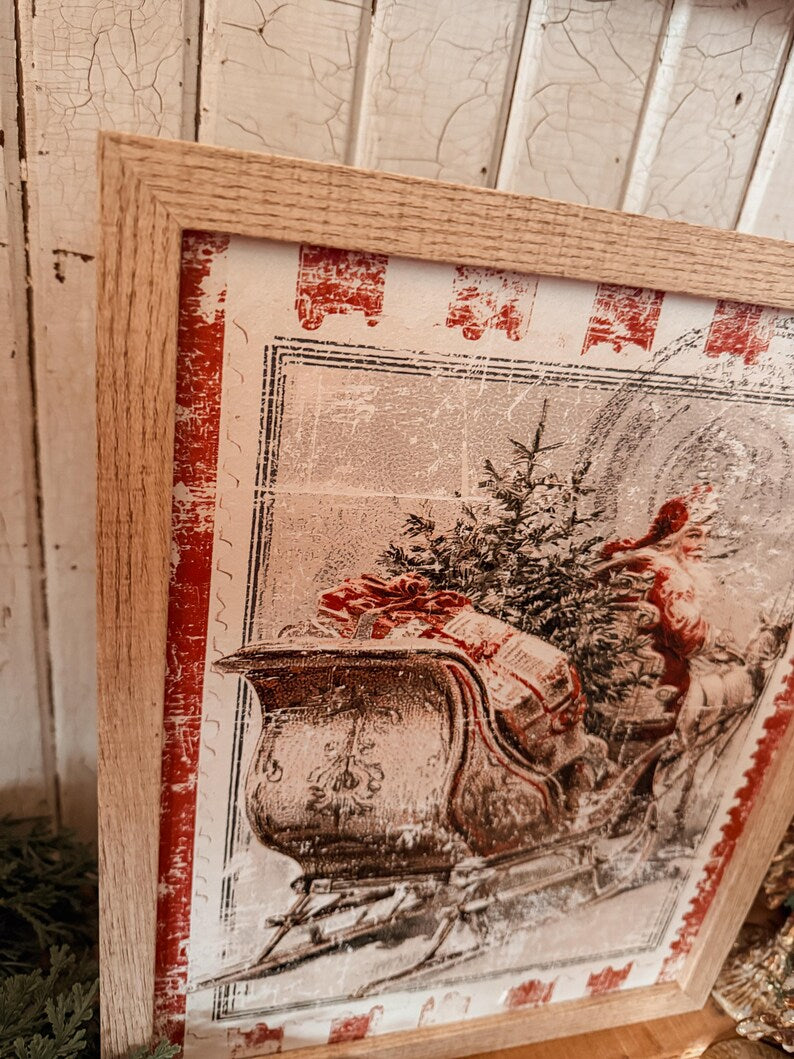 Vintage Christmas Santa w/ Sleigh Stamp Wood Sign