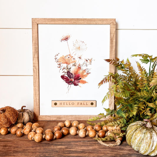 Hello Fall Burgundy Floral Wood Sign