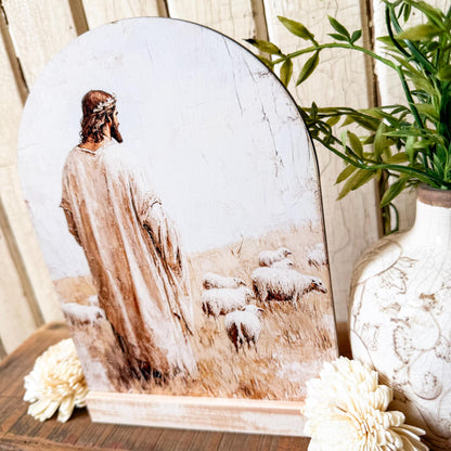 Jesus with Sheep Arched Wood Sign Shelf Sitter