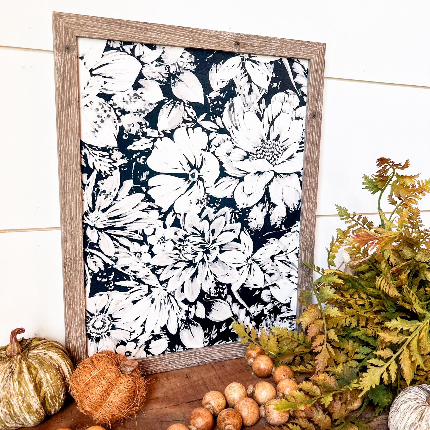 Black and White Floral Wood Sign