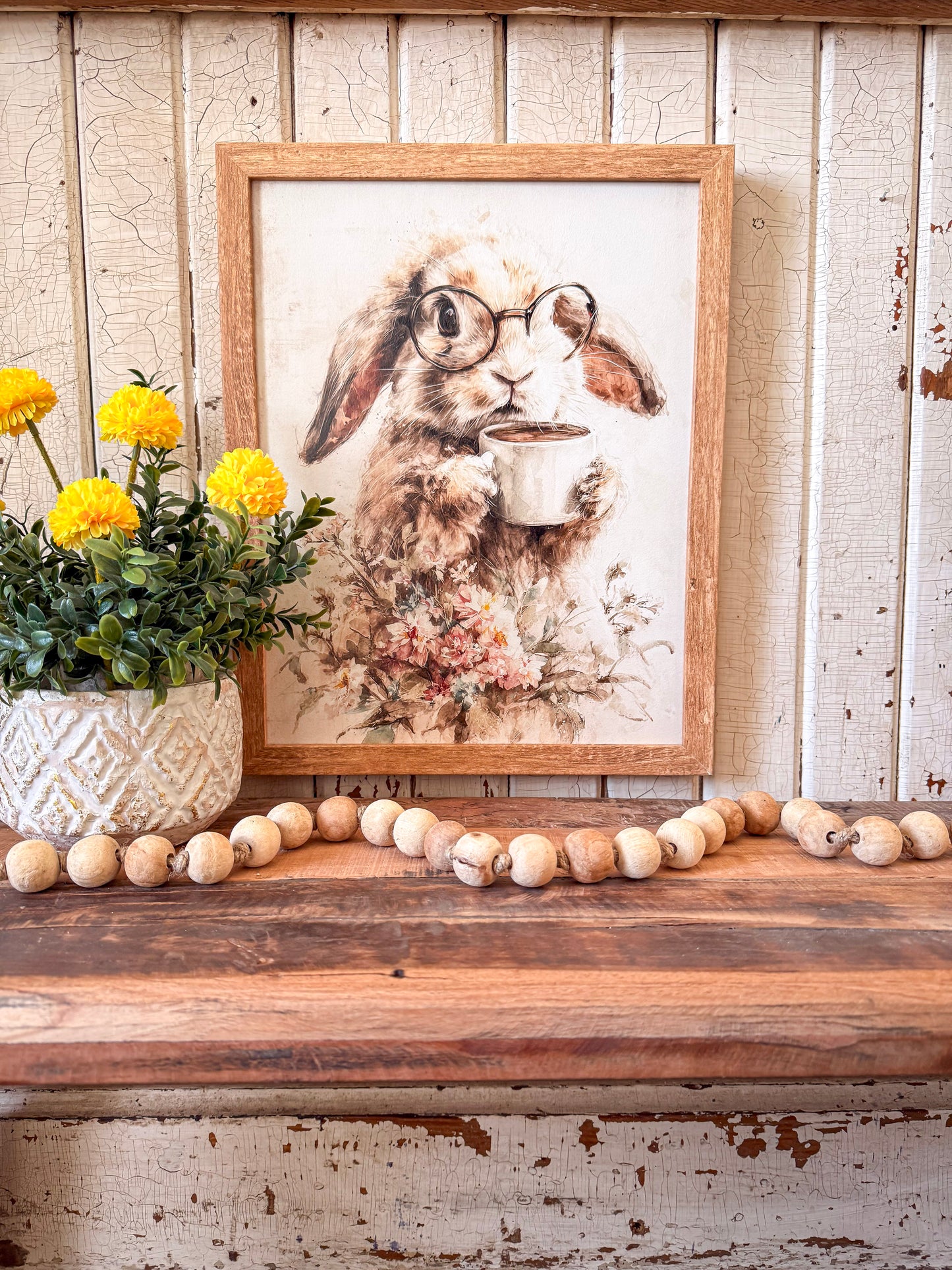 Bunny with Glasses & Coffee Cup Wood Sign