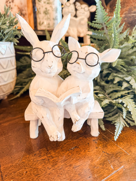 Bunny & Pig with Glasses on Bench
