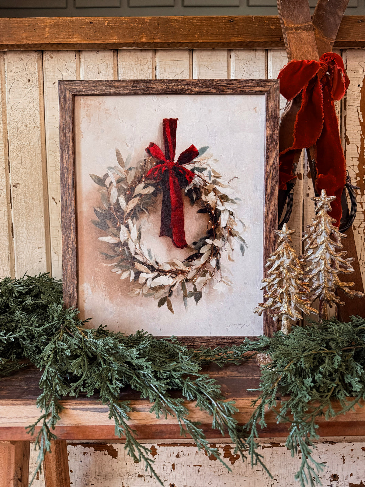 Christmas Wreath with Red Bow Wood Sign