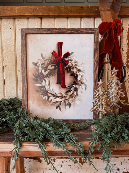 Christmas Wreath with Red Bow Wood Sign