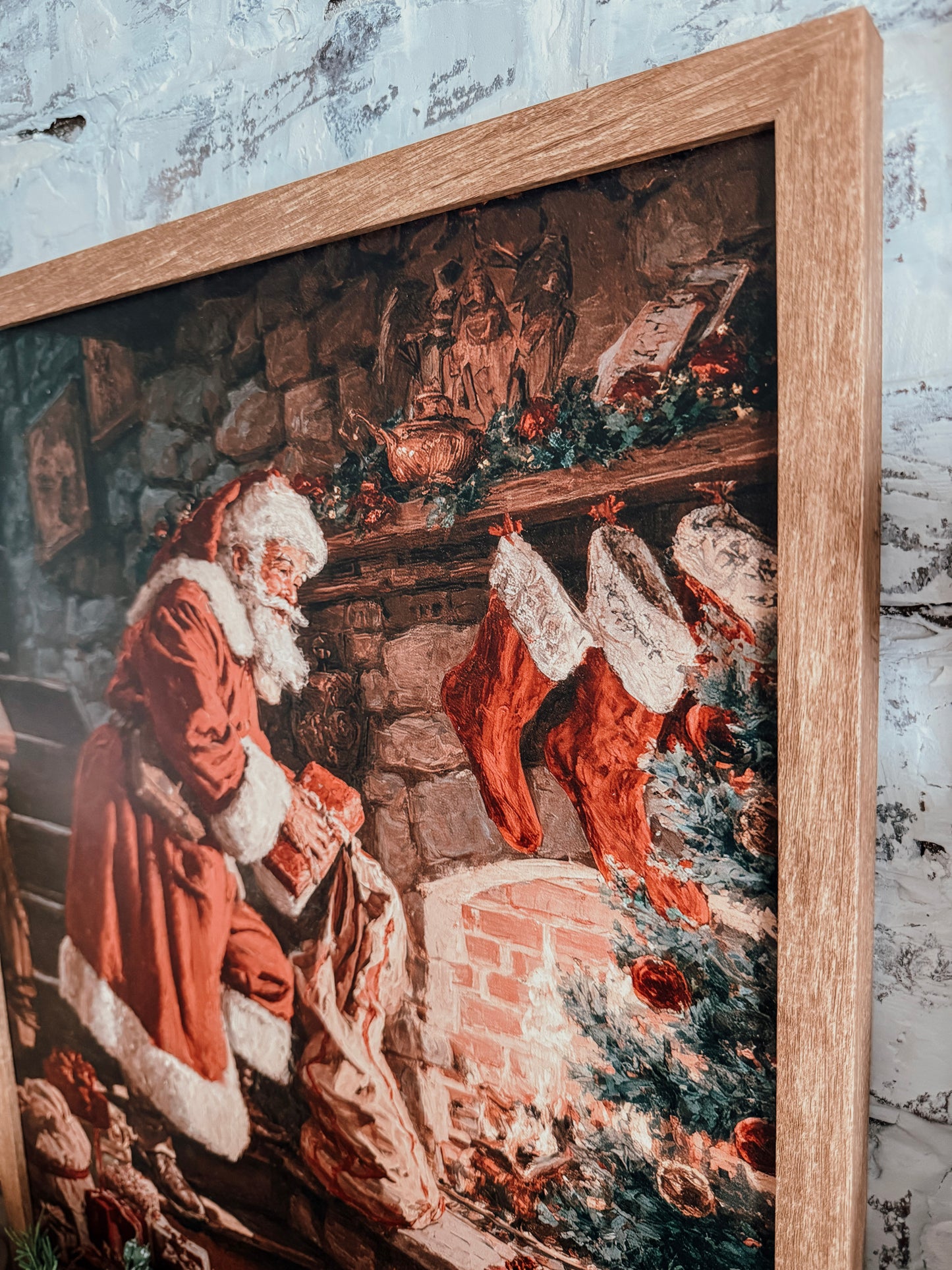 Retro Santa by Fireplace with Christmas Stockings