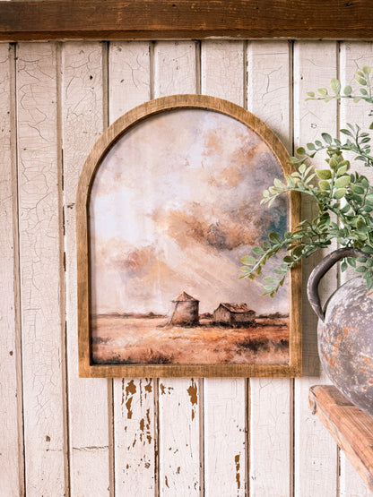 Summer Grain Bins in Field Framed Arched Print