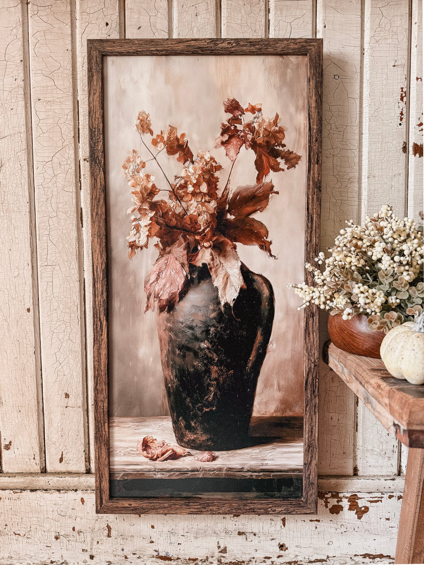 Dried Hydrangea in Black Vase Art Print Wood Sign