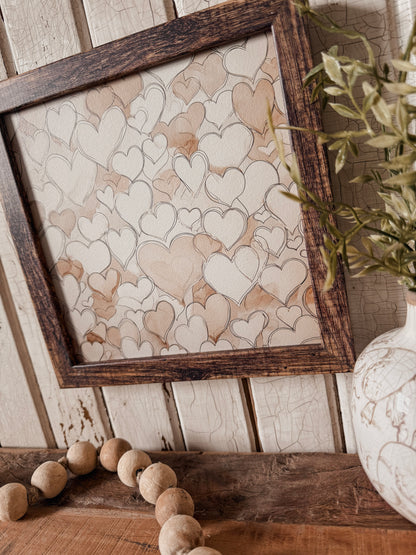 Vintage Coffee Stained Hearts Wood Sign